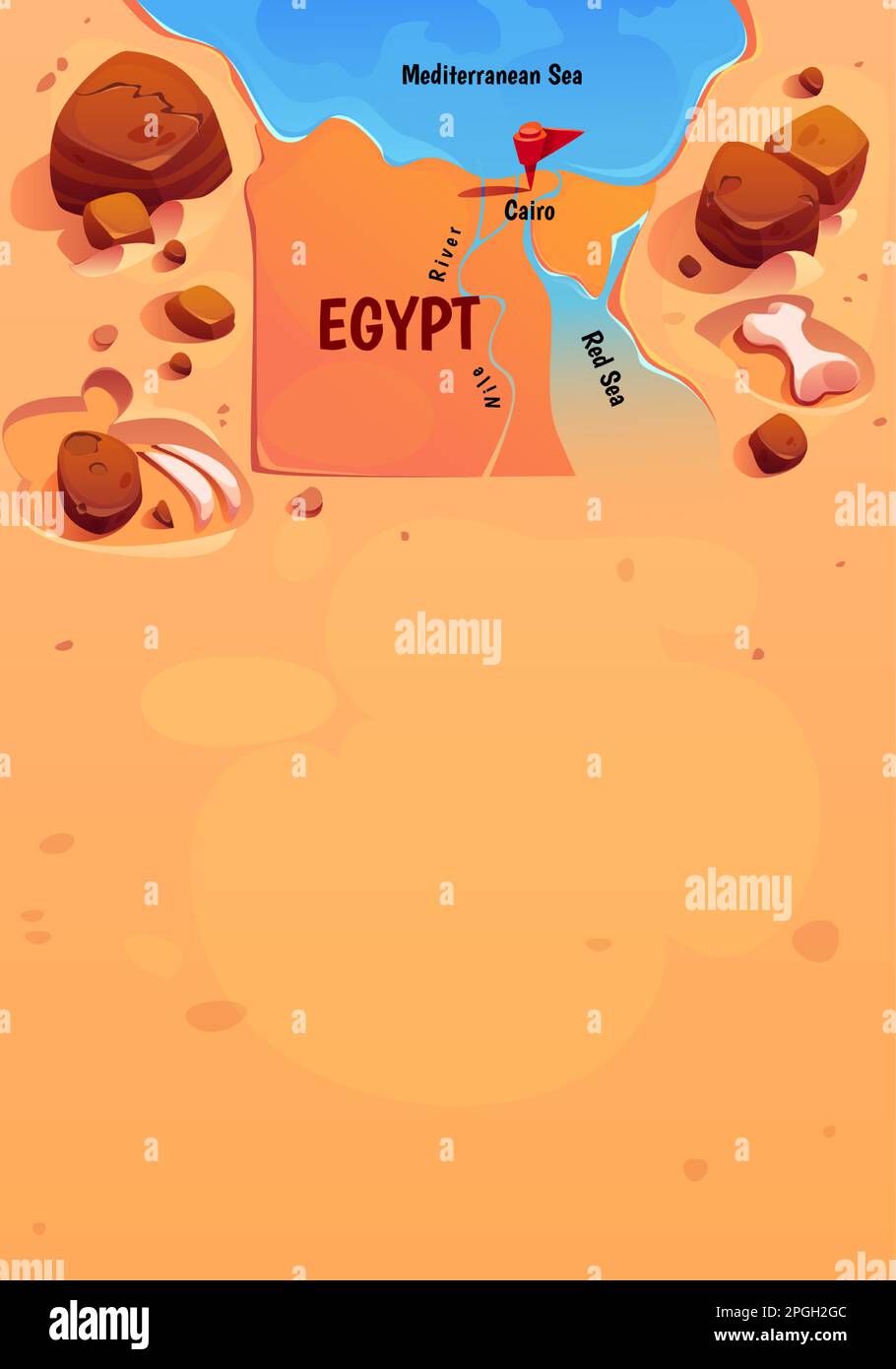 Geografische Karte Ägyptens mit Kairo, Nil, rotem und mediterranem Meer, Wüste. Poster mit ägyptischer Hauptstadt, Fluss, Knochen und Kopierraum, Vektorgrafik Stock Vektor