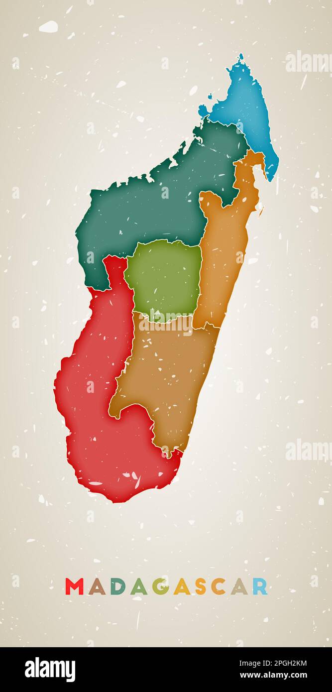 Madagaskar Karte. Länderposter mit farbigen Regionen. Alte Grunge-Textur. Vektorillustration von Madagaskar mit Ländername. Stock Vektor