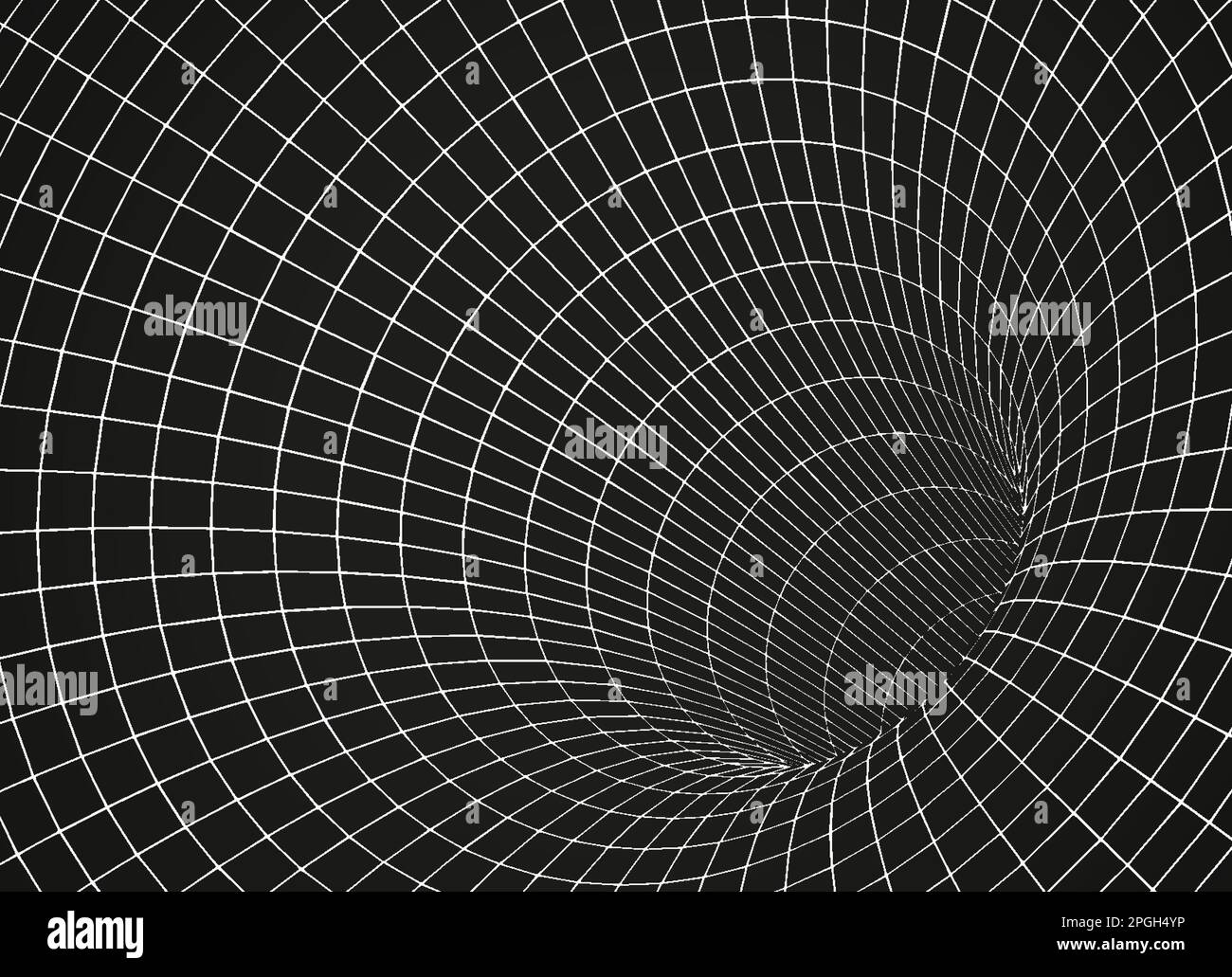 Weißes Drahtmodell-Wurmloch auf schwarzem 3D-Trichter oder Portal. Grafische Illusion von Gitterloch, Linienverzug, abstrakte geometrische Netzvektordarstellung bei Dunkelheit Stock Vektor