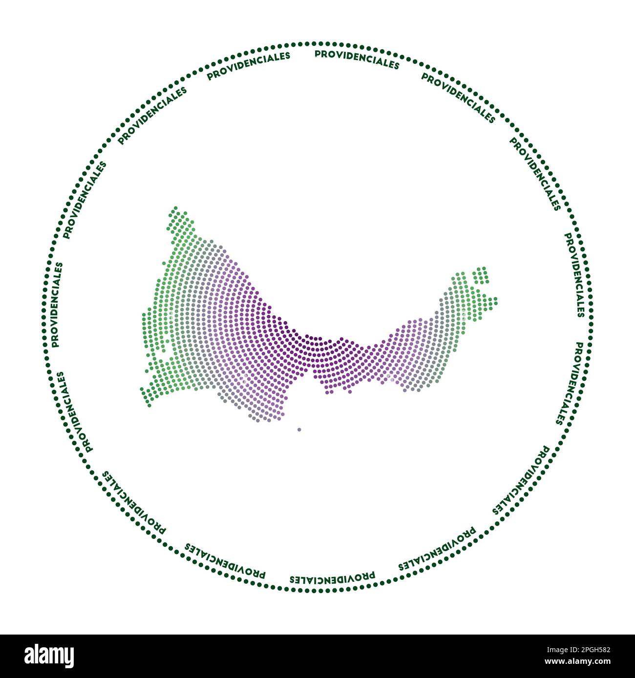 Rundes Providenciales-Logo. Digitale Form von Providenciales im gepunkteten Kreis mit Inselnamen. Techniksymbol der Insel mit verlaufenden Punkten. Stock Vektor