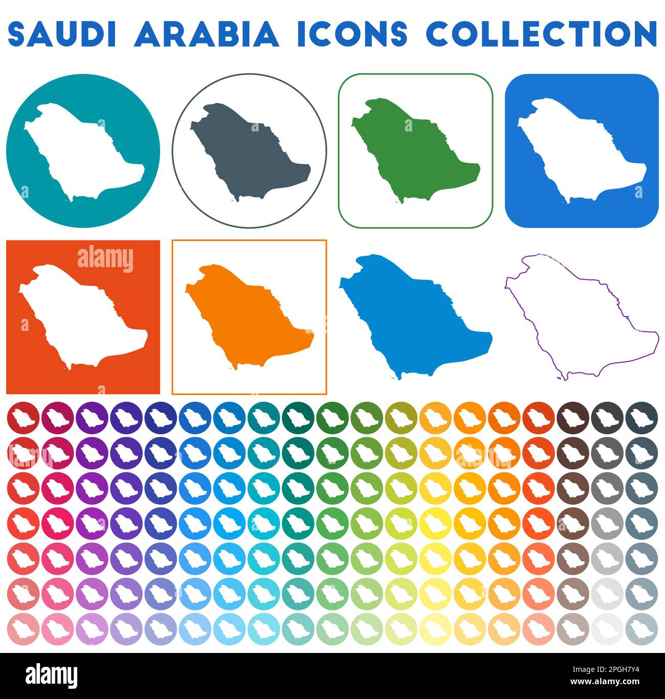 Saudi-Arabien Icons Kollektion. Bunte, trendige Kartensymbole. Modernes Saudi-Arabien-Abzeichen mit Länderkarte. Vektorabbildung. Stock Vektor