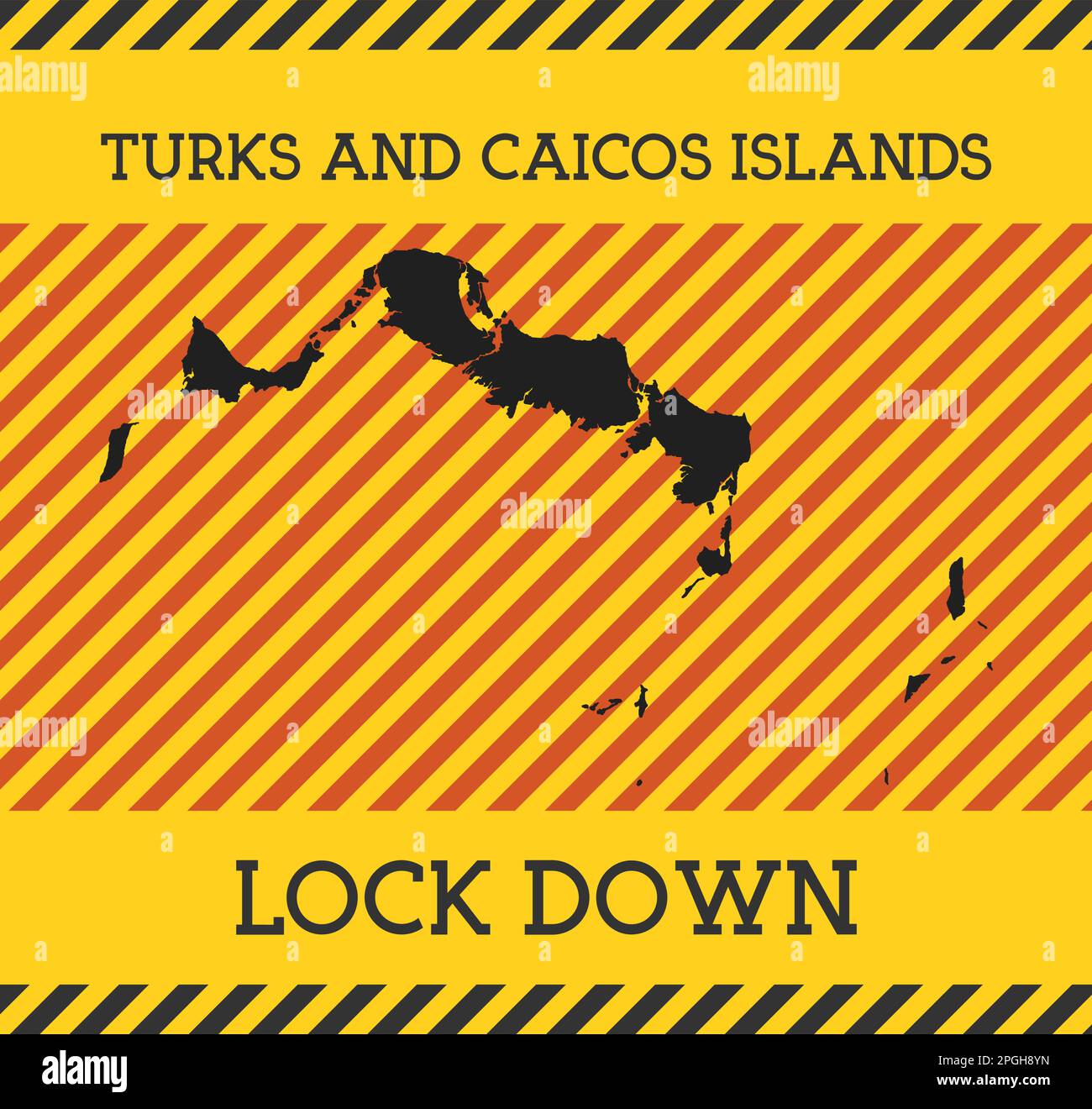 Türken- und Caicosinseln Sperrschild. Gelbes Symbol für Pandemiegefahr auf der Insel. Vektorabbildung. Stock Vektor