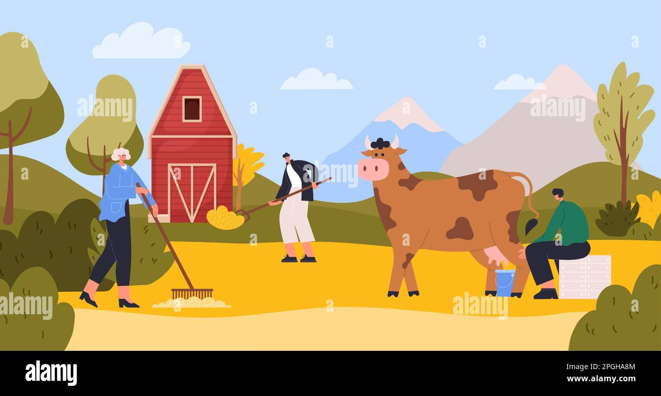 Bauernfiguren in der Landwirtschaft. Ein Mann sitzt und melkt die Kuh in einen Eimer. Weibliche und männliche Figuren arbeiten Stock Vektor