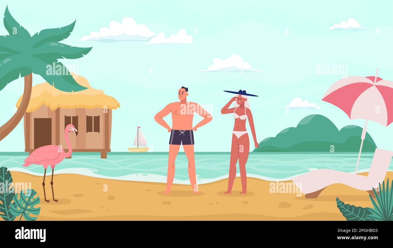 Ein Paar, das sich am tropischen Sandstrand erholt. Cartoon-Leute, die Urlaub auf einer tropischen Insel mit Palmen machen Stock Vektor