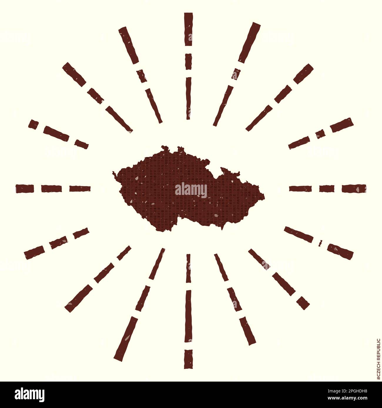 Logo Der Tschechischen Republik. Grunge Sunburst Poster mit Landkarte. Form der Tschechischen Republik gefüllt mit Hexziffern mit Sonnenstrahlen. Stock Vektor