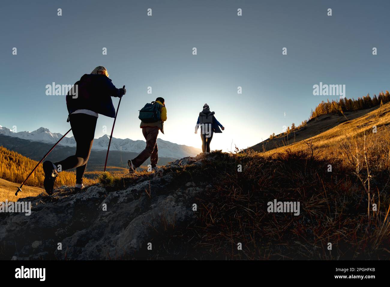 Drei aktive Wanderer wandern in den Bergen. Silhouetten von Touristen mit Rucksäcken bei Sonnenuntergang Stockfoto