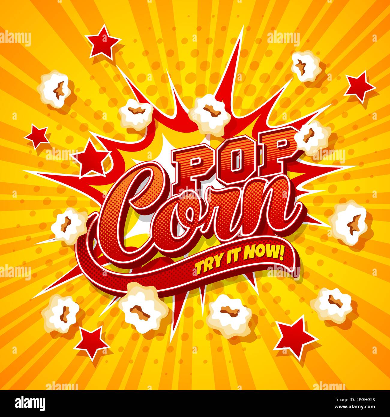 Popcorn-Snack-Explosion. Cartoon-Film Popcorn Burst. Vektorposter mit Maiskolben explodieren auf halbfarbigem Hintergrund mit hellem Lichtblitz Stock Vektor