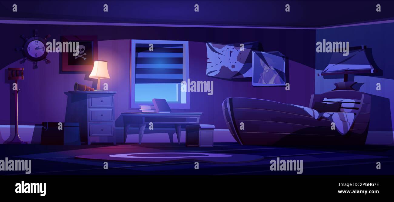 Kinderzimmer-Innenausstattung in Piratenthematik bei Nacht. Vektorgrafik eines dunklen Kinderzimmers mit Schiffsbett, glühender Lampe, Kapitänsporträt, Lenkraduhr und Piratenflagge an der Wand Stock Vektor