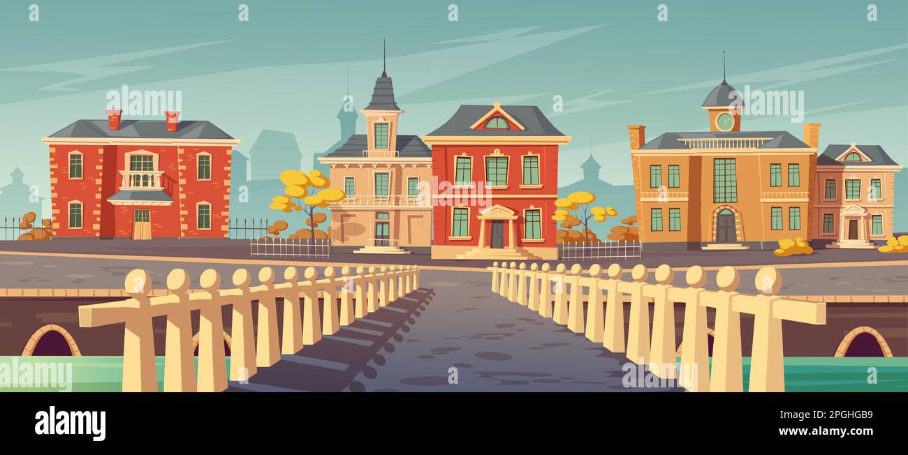 Brücke über Niete und Promenade in der europäischen Altstadt. Vector Cartoon Cityscape mit altem Seekai, leerem Meer mit Retro-Architektur, Herbstbäumen und Pier Stock Vektor