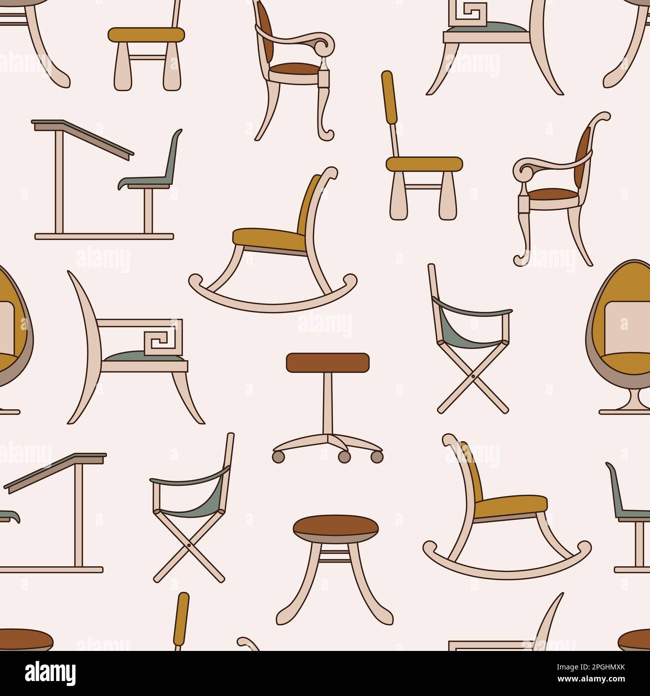 Stühle und Sessel mit nahtlosem Muster. Innenausstattung in Boho-Farben auf beigefarbenem Hintergrund. Verschiedene Arten von Sesseln, Möbeln. Computer, Kinder, Camp Stock Vektor