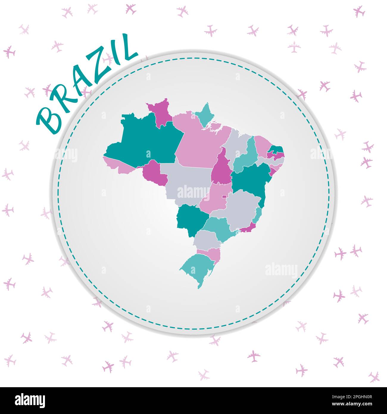 Kartendesign Brasilien. Landkarte mit Regionen in Smaragd-Amethyst-Farbpalette. Stock Vektor