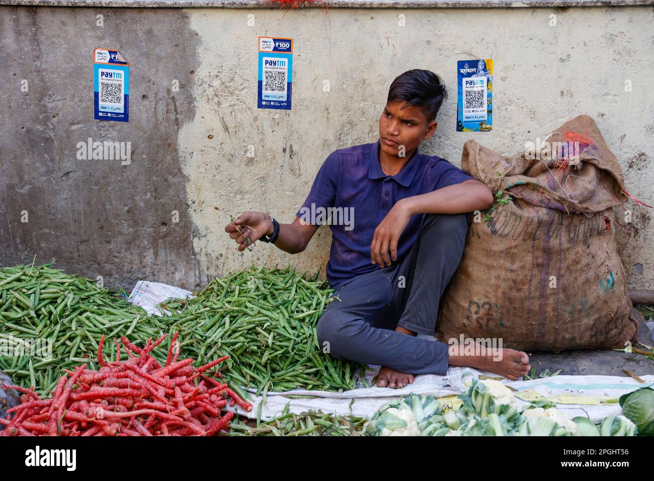 Gemüsehändler mit „paytm Cash Pay“-Logo an der Wand in Paharganj, Neu-Delhi, Indien Stockfoto