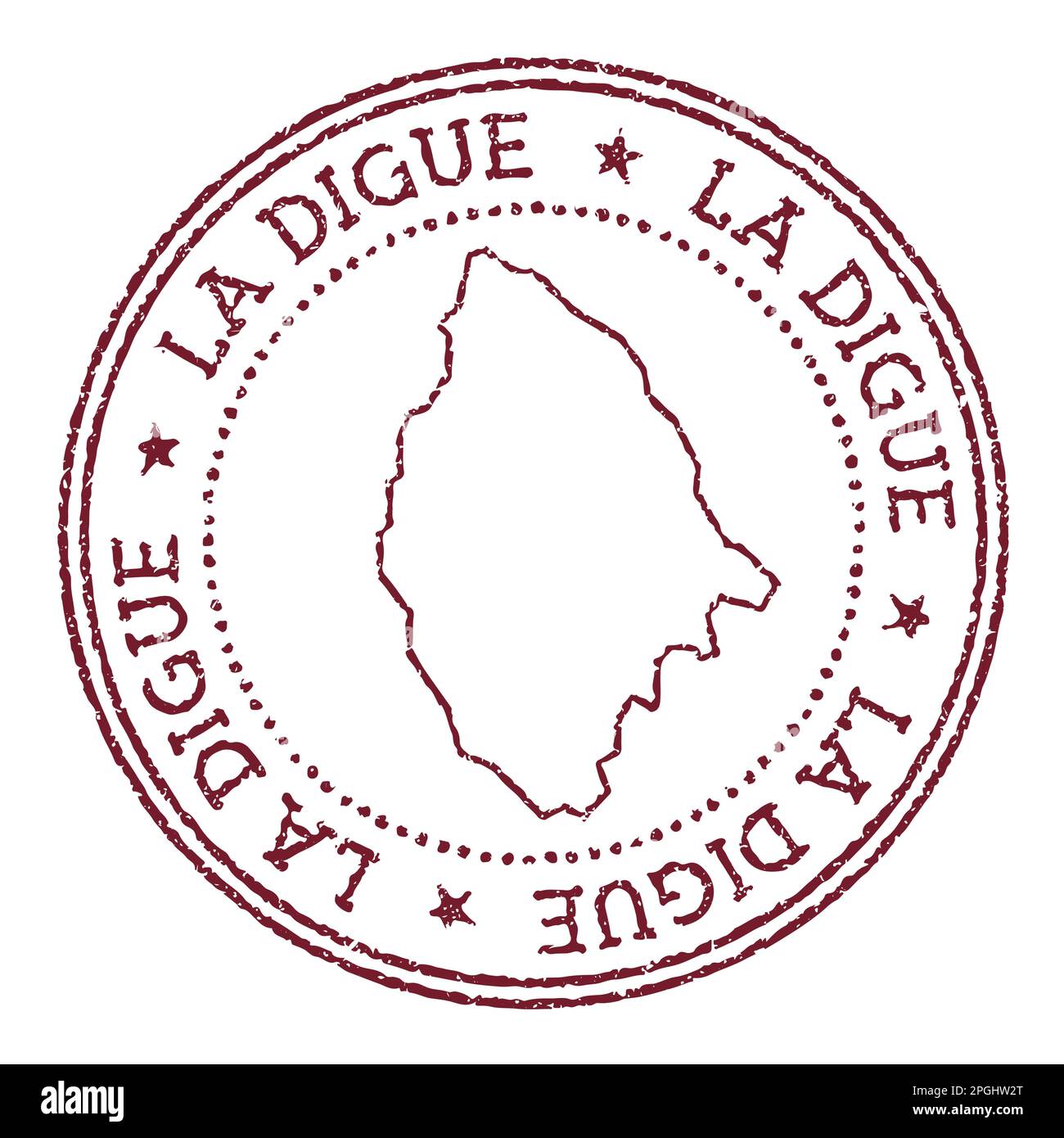 La Digue runder Gummistempel mit Inselkarte. Roter Vintage-Passstempel mit kreisförmigem Text und Sternen, Vektorillustration. Stock Vektor