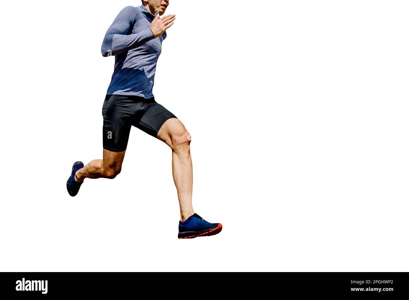 Vorderansicht männlicher Läufer Laufshirt mit langen Ärmeln und schwarze Strumpfhose, Wettkampfrennen, Sportfoto Stockfoto