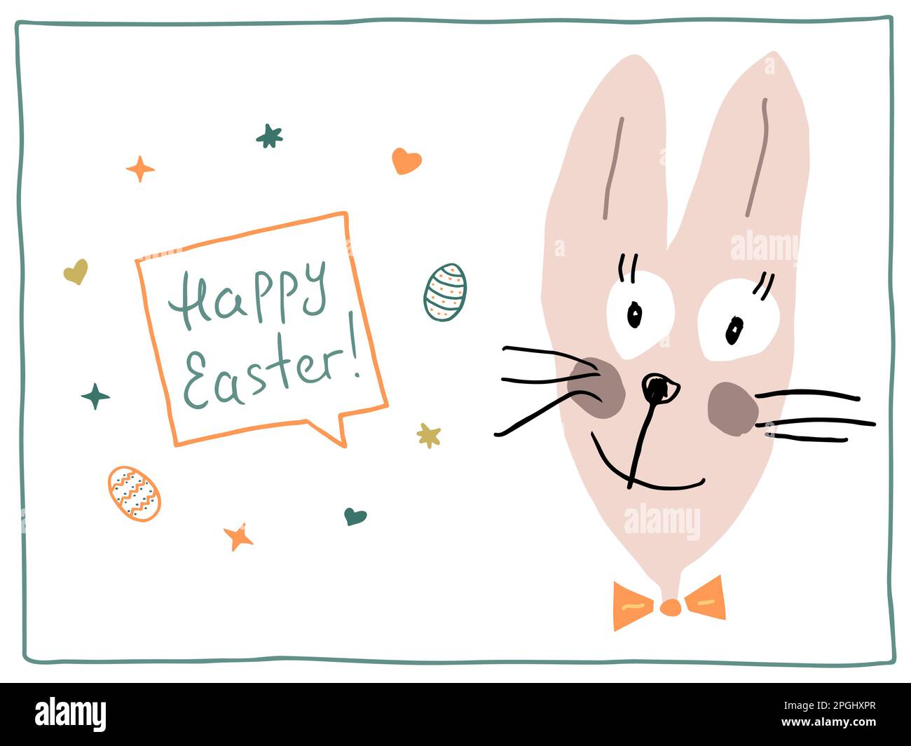 Ostergrußkarte. Süßer, lustiger Osterhase mit der Inschrift Happy Easter. Handgeschriebene Schriftzeichen in einer Sprechblase, dekoriert mit bemalter Easte Stock Vektor