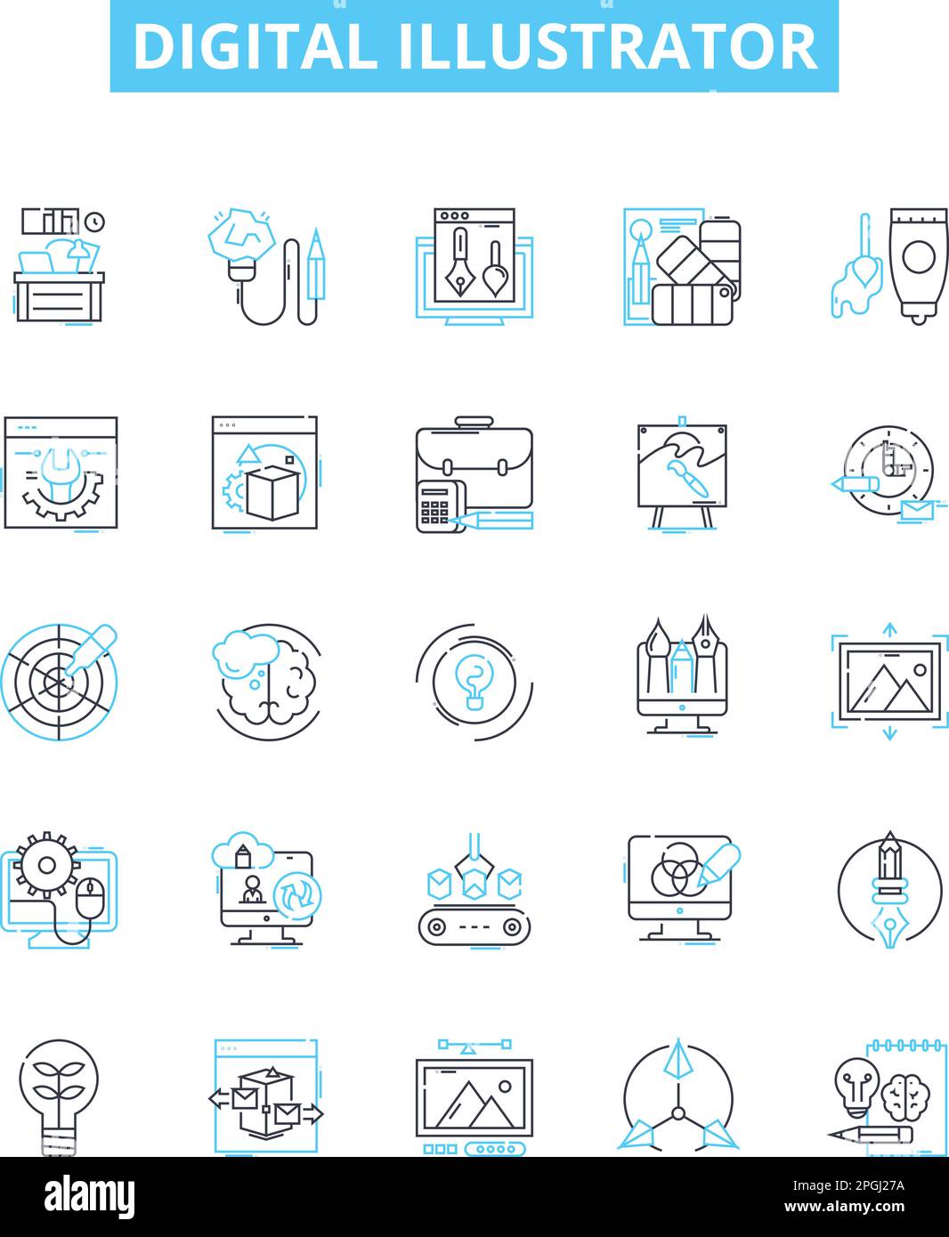 Symbole für Vektorlinien des digitalen Illustrators festgelegt. Digital, Illustrator, Designer, Künstler, Vektoren, Grafiken, Software-Illustration umreißen Konzeptsymbole Stock Vektor