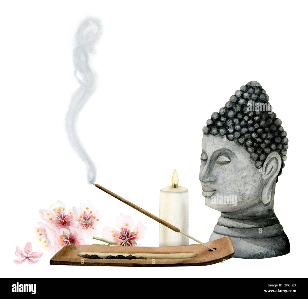 Aquarelle spirituelle Buddha-Statue und brennender Aroma-Stick mit Kerze und rosa Blumen zur Entspannung, Meditation isoliert auf weißem Hintergrund Stockfoto