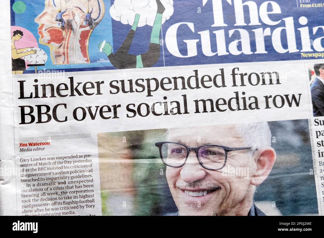 „Lineker suspendiert von BBC über Social Media Row“ Guardian Schlagzeile Titelseite BBC-Artikel 11. März 2023 London UK Stockfoto