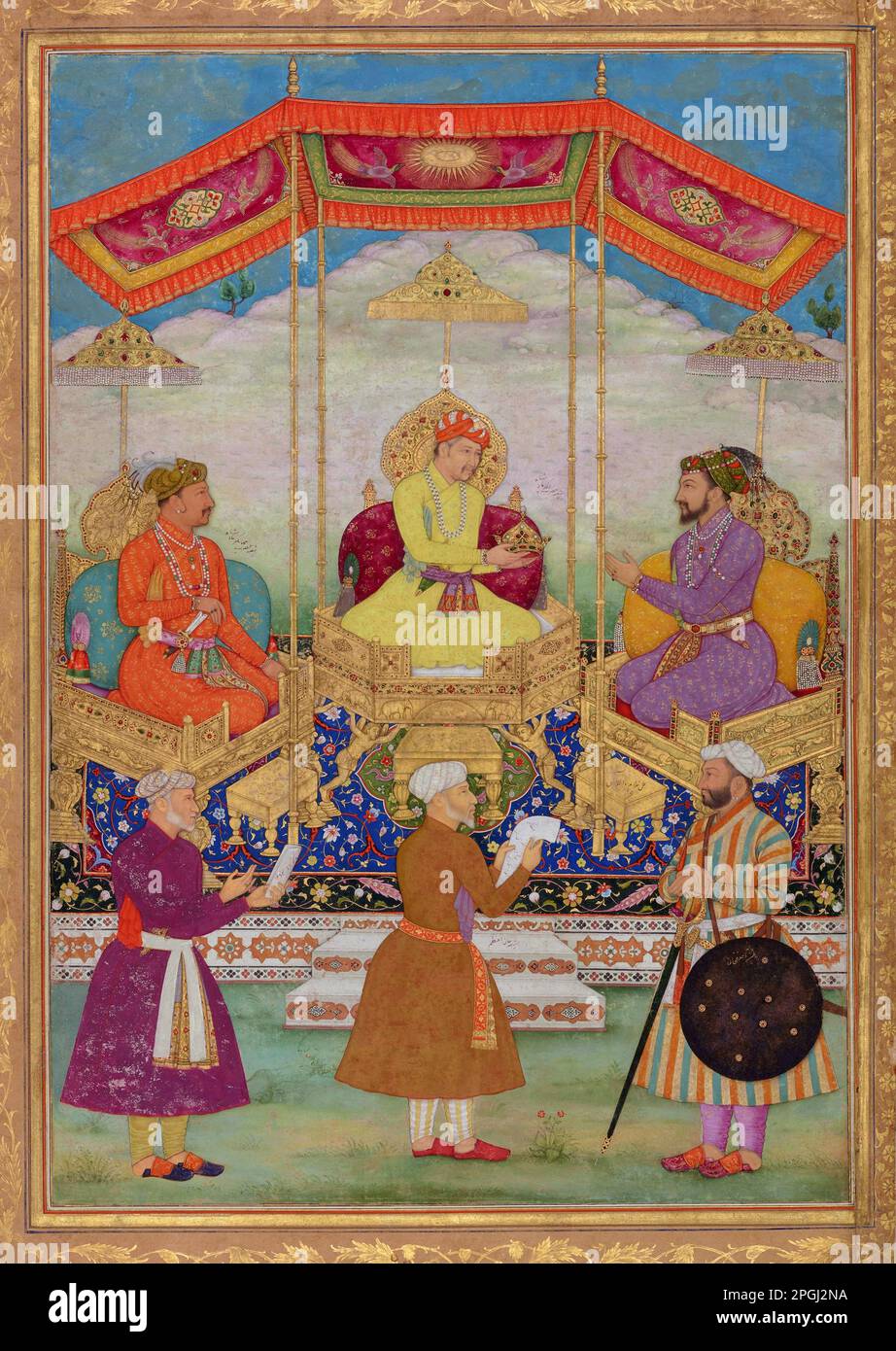 Indien: Akbar übergibt seine kaiserliche Krone an Shah Jahan. Miniaturmalerei aus dem Minto Album von Bichitr (Reihe 1610-1660), c. 1630-1631. Akbar (25. Oktober 1542 bis 27. Oktober 1605), auch bekannt als Shahanshah Akbar-e-Azam oder Akbar der große, war der dritte Mogul-Kaiser. Er war von timuridem Abstammung; der Sohn von Kaiser Humayun und der Enkel von Kaiser Babur, dem Herrscher, der die Mogul-Dynastie in Indien gründete. Am Ende seiner Herrschaft im Jahr 1605 erstreckte sich das Mogul-Reich über den größten Teil des nördlichen und mittleren Indiens. Akbar war 13 Jahre alt, als er den Mogul-Thron in Delhi bestieg (Februar 1556). Stockfoto