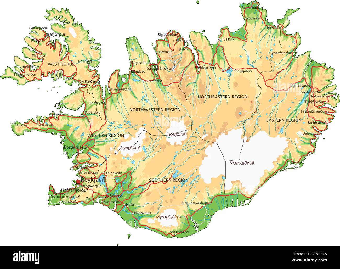 Hochdetaillierte Karte Islands mit Beschriftung. Stock Vektor