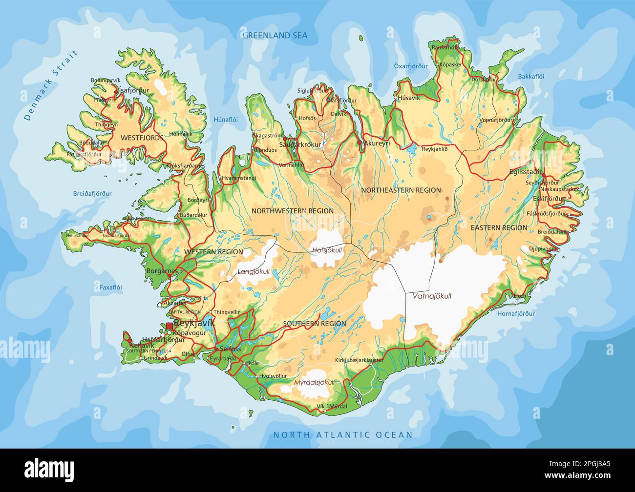 Hochdetaillierte Karte Islands mit Beschriftung. Stock Vektor