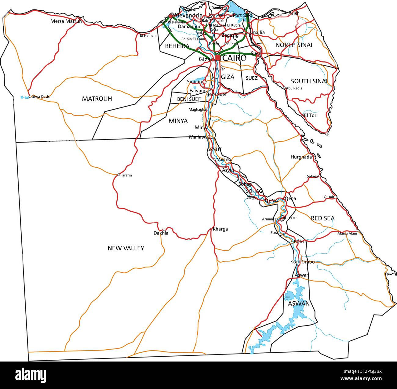 Ägyptische Straßen- und Autobahnkarte. Vektordarstellung. Stock Vektor