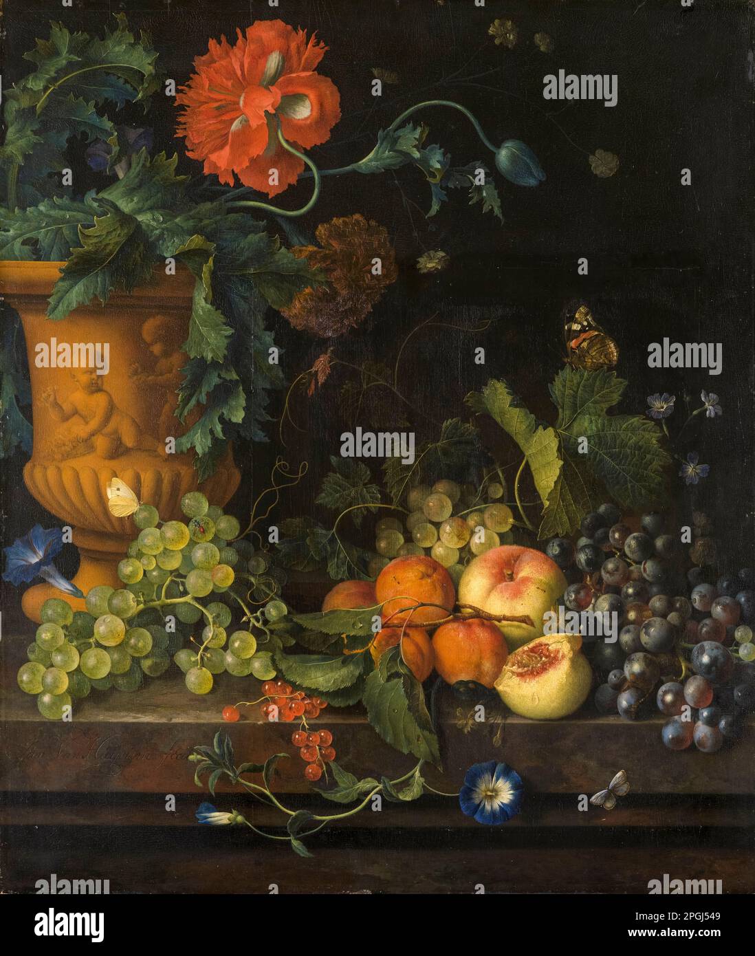 Jan van Huysum Gemälde, Terrakotta Vase mit Blumen und Früchten, Öl auf Holz, 1720 Stockfoto