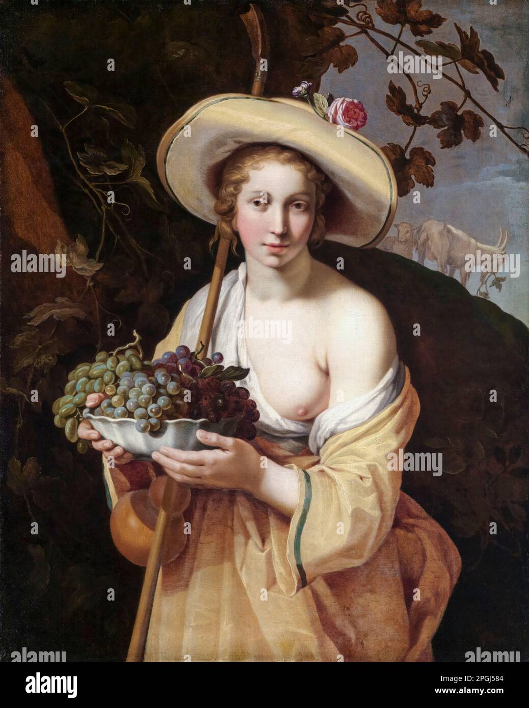 Schäferin mit Grape Bowl, Ölgemälde auf Leinwand von Abraham Bloemaert, 1628 Stockfoto