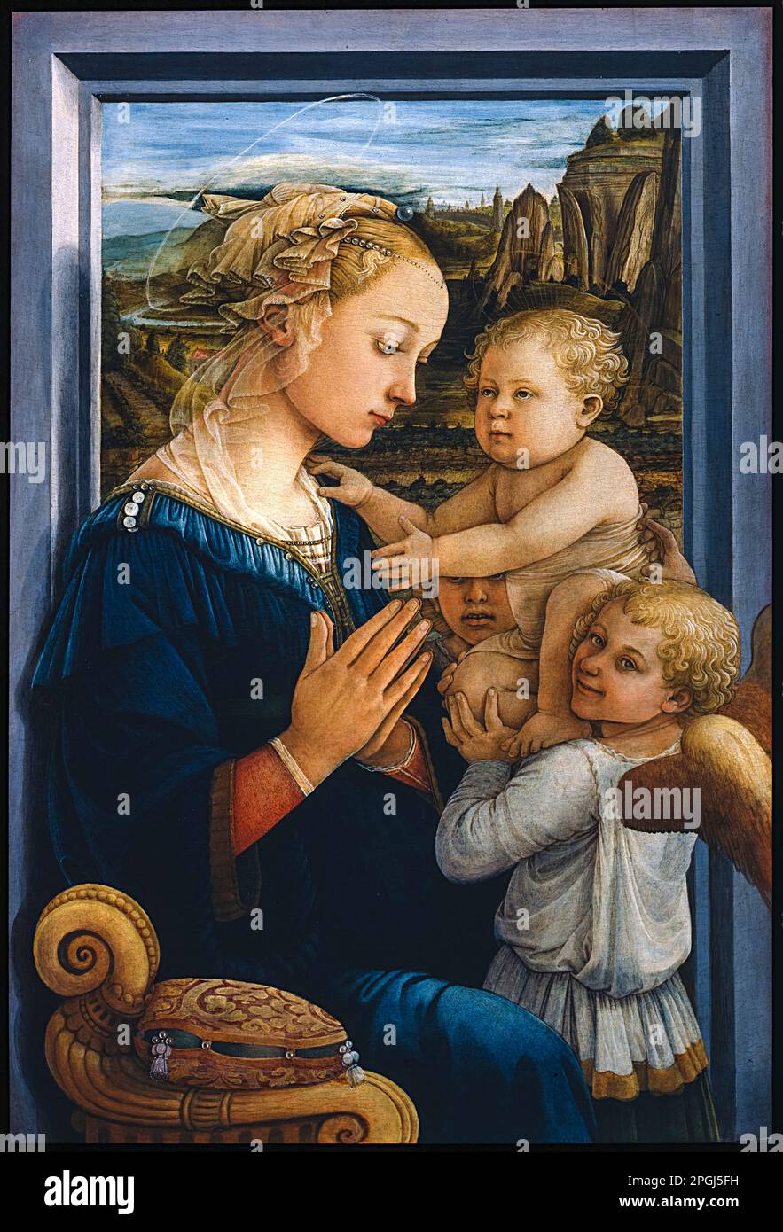 Fra Filippo Lippi, Madonna und Kind mit zwei Engeln, gemalt in Tempera auf Platte, 1460-1465 Stockfoto