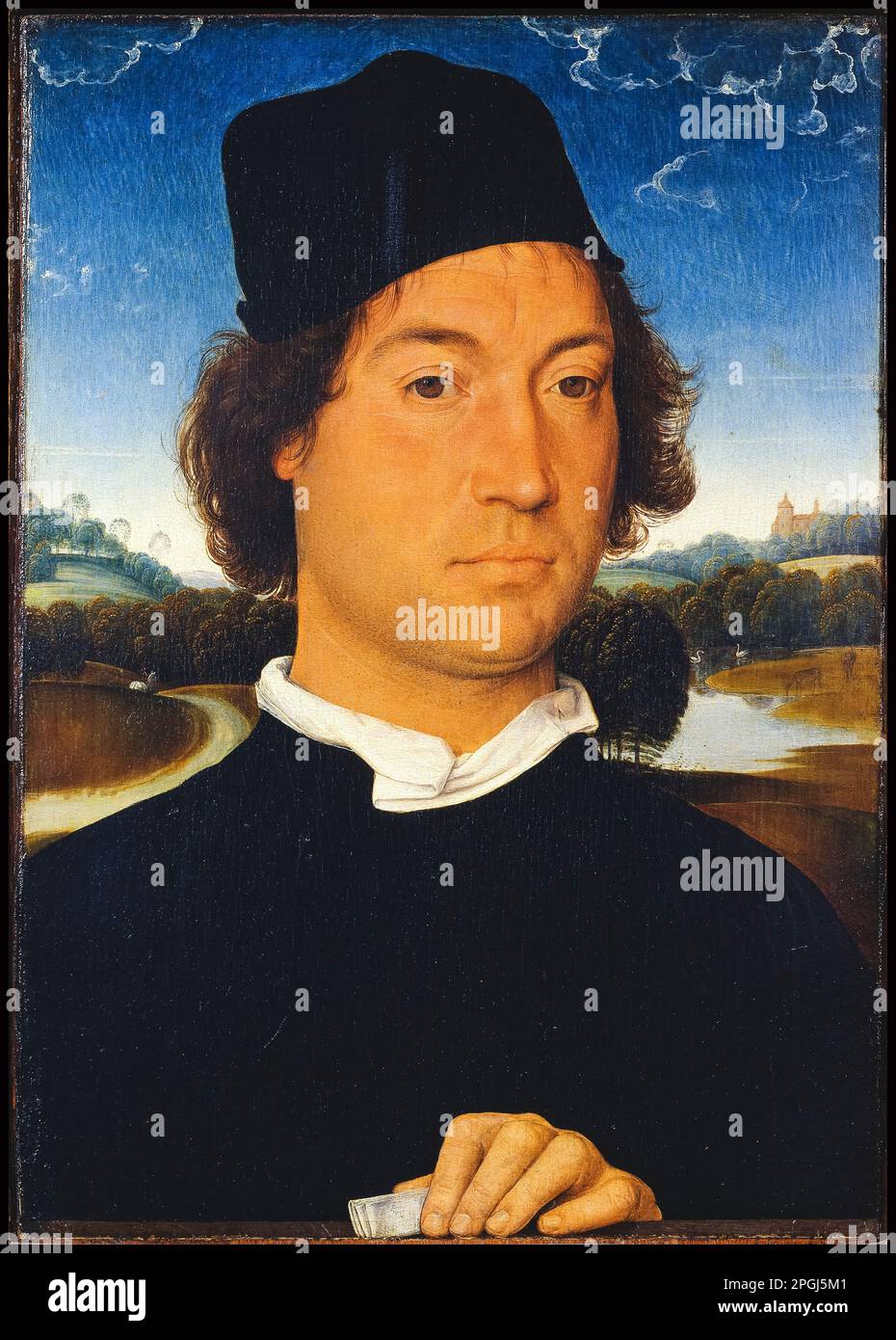 Hans Memling, Porträt eines Unbekannten mit einem Brief, Ölgemälde auf der Platte, 1485-1489 Stockfoto