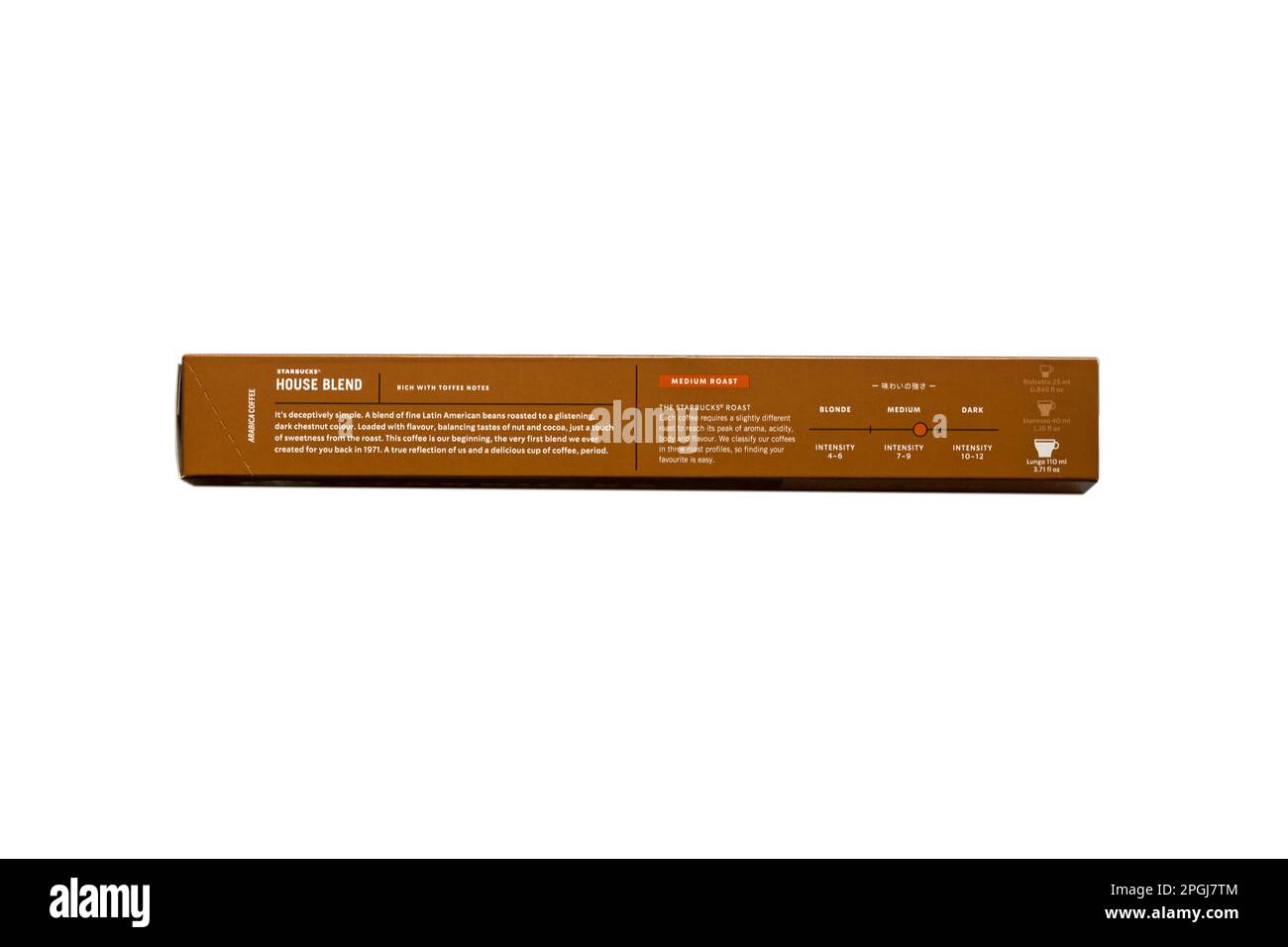 Informationen auf der Verpackung der Starbucks House Blend Lungo Kaffeekapseln von Nespresso isoliert auf weißem Hintergrund – siehe zusätzliche Informationen Stockfoto