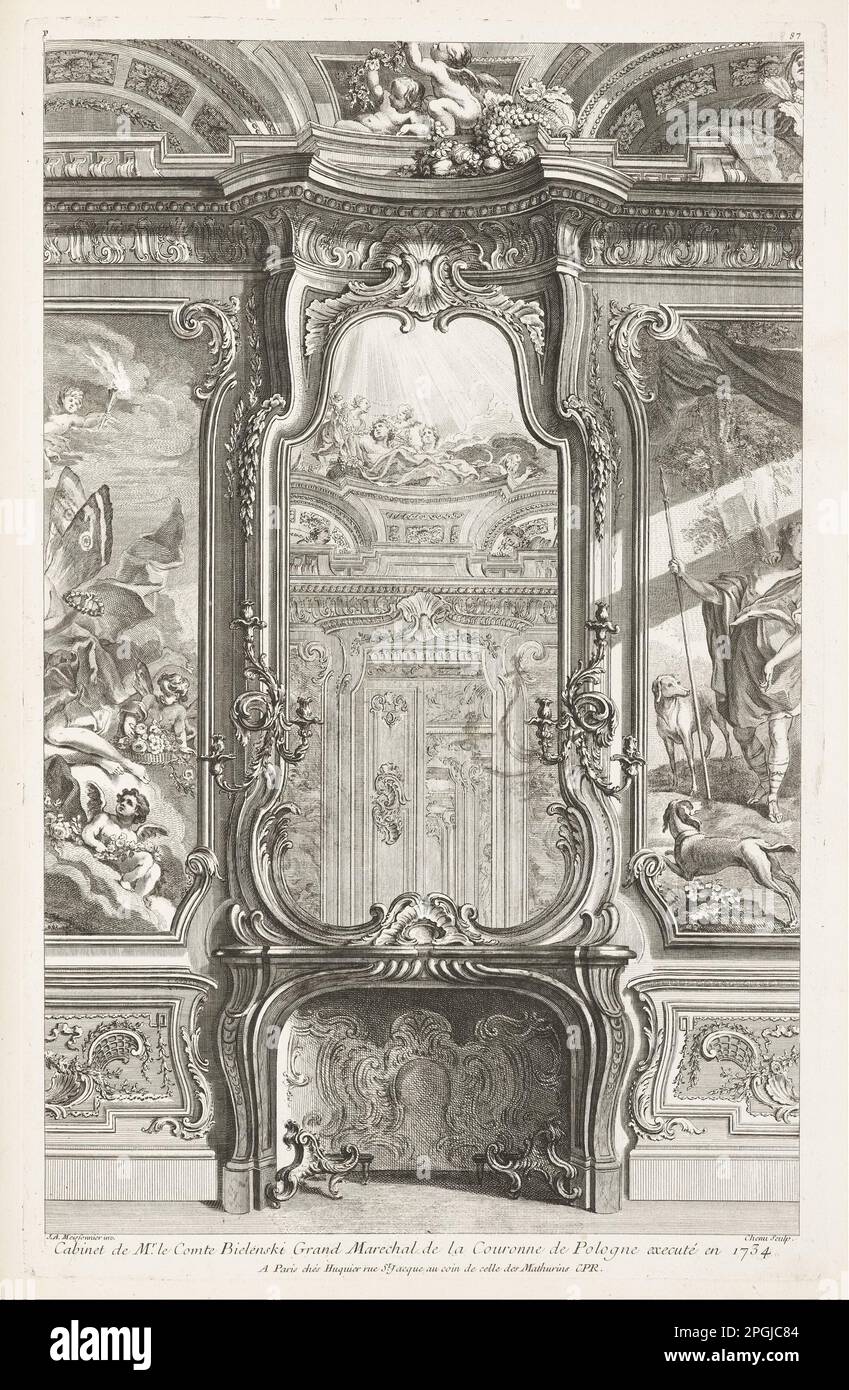 Cabinet de Mr. Le Comte Bielenski Grand Marechal de la Couronne de Pologne executé en 1734; Chiminée avec glace, avec de chaque côté une partie du lambris d'appui et des peintures, 1. Plate 1742–48 von Juste-Aurele Meissonnier Stockfoto