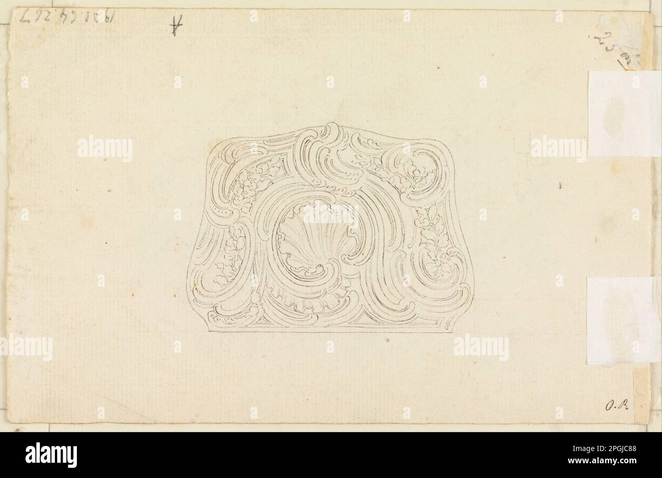 Design für Snuff Box Cover (Recto); Trophy of Hunting (Verso) ca. 1750 von Juste-Aurele Meissonnier Stockfoto