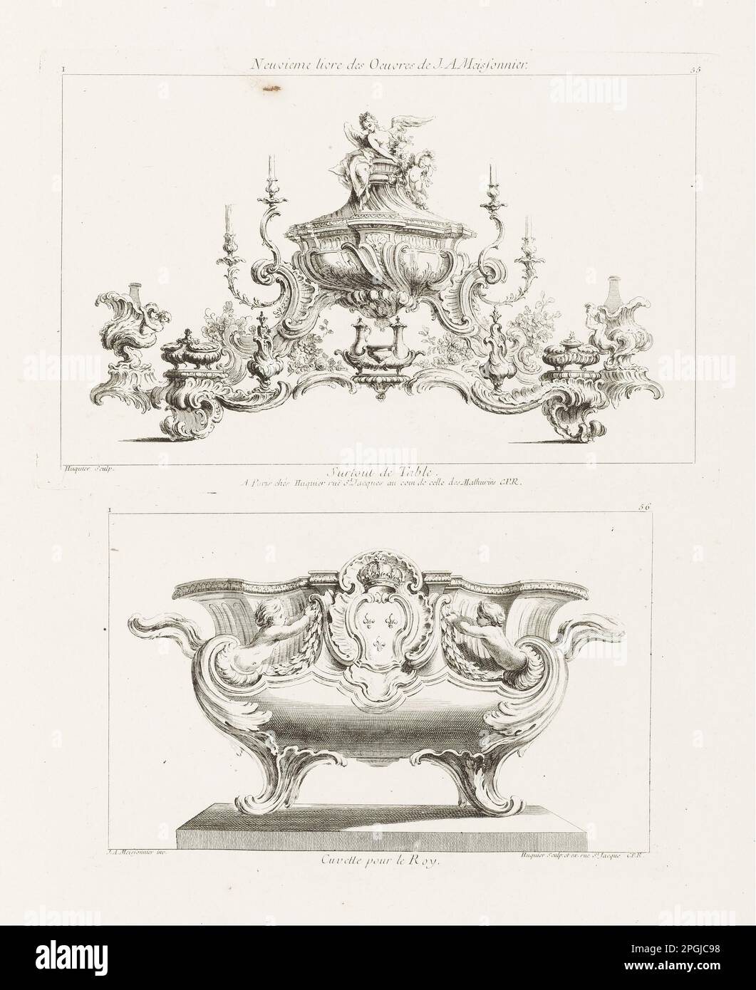 Neuvième Livre des Oeuvres de J.A. Meissonnier, Surtout de Table [Neunte Serie von Werken von J.A. Meissonnier, Design for Table Centerpiece], pl. 55 in Oeuvre de Juste-Aurèle Meissonnier von 1742 bis 1748 von Juste-Aurele Meissonnier Stockfoto