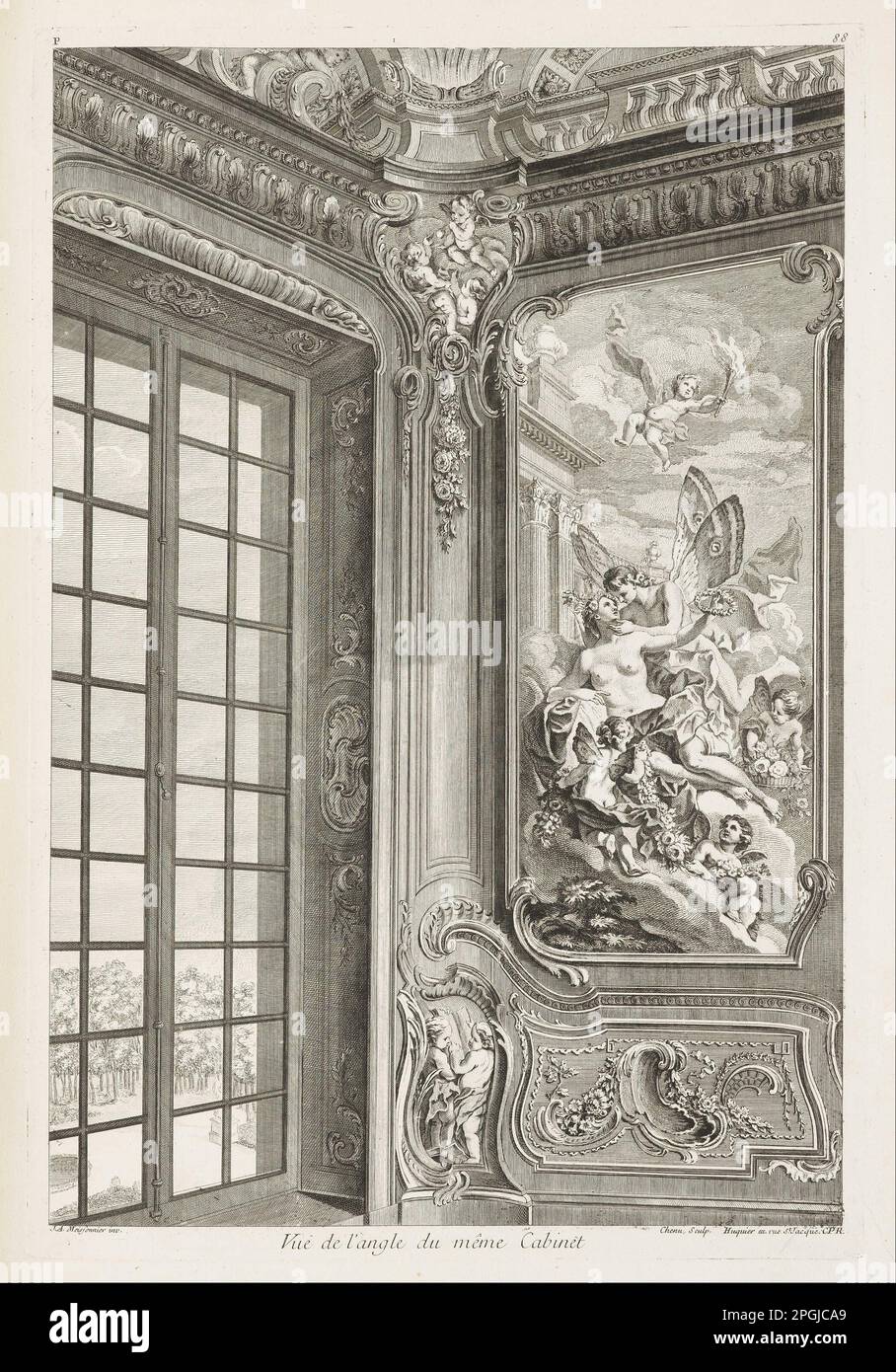 Vue de l'angle du même Cabinet; Vue de l'angle du même Cabinet, Montrant à gauche une grande Fenêtre et à droite le tableau de Zéphyr et Flore, 2. Plate 1742–48 von Juste-Aurele Meissonnier Stockfoto