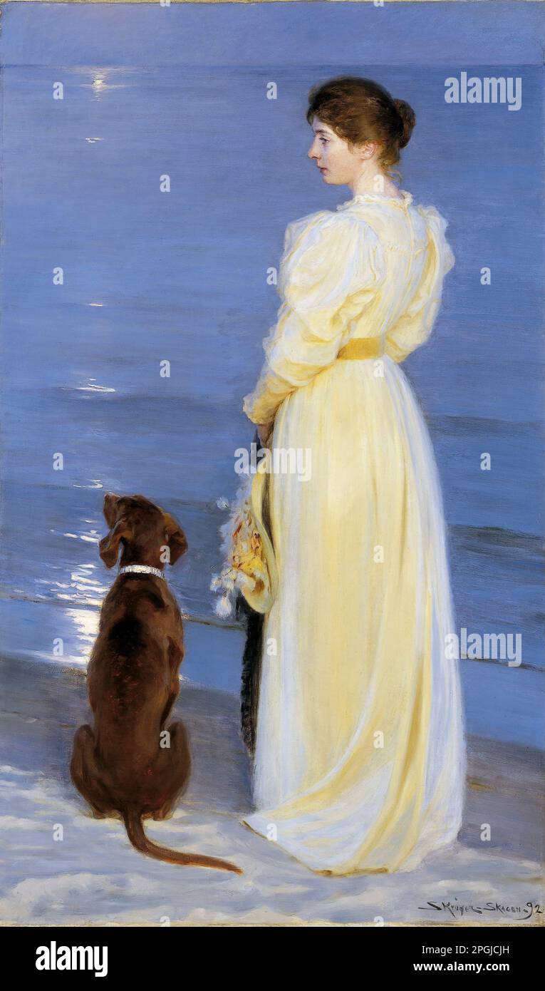 Sommerabend in Skagen. Die Frau des Künstlers und Dog by the Shore (Dänisch: Sommeraften ved Skagen. Kunstnerens hustru med hund ved strandkanten) 1892 von Peder Severin Kroyer Stockfoto