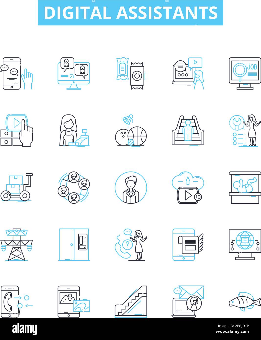 Vektorlinien-Symbole für digitale Assistenten wurden eingestellt. AI, Chatbot, Cortana, Alexa, Siri, Assistent, digitale Illustration umreißen Konzeptsymbole und -Zeichen Stock Vektor