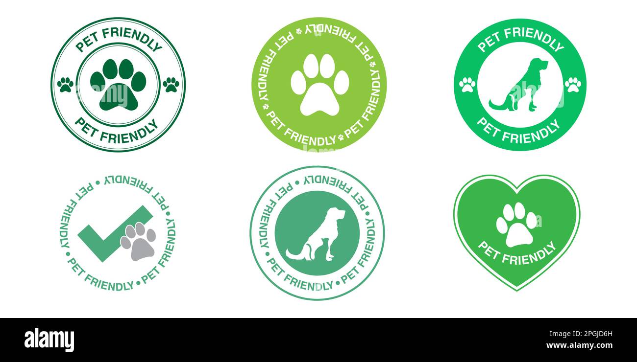 Haustierfreundliche Beschilderungskollektion. Satz grüner Vektorgrafiken mit Hunden- und Katzensymbolen. Welpen-Symbolpaket. Beschriftungen für Maskottchen. Stock Vektor