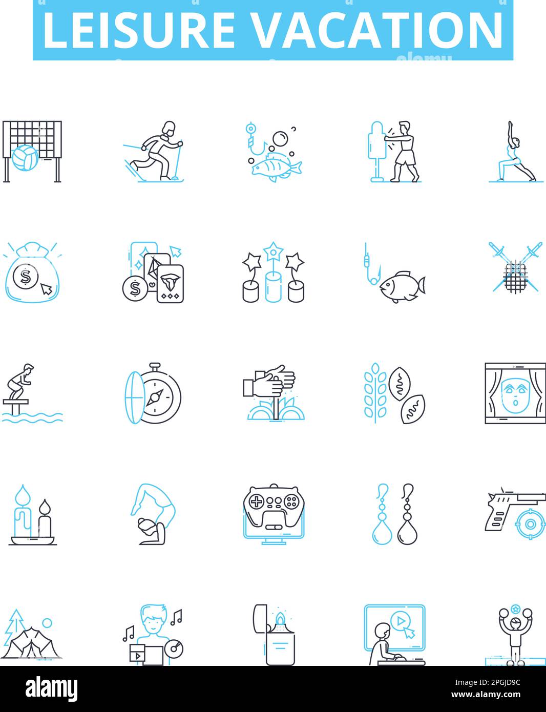 Vektorliniensymbole für Urlaubsurlaub festgelegt. Urlaub, Freizeit, Urlaub, Rückzugsort, Kurzurlaub, Symbole und Schilder für die Gestaltung von Feiertagen und Erholung Stock Vektor
