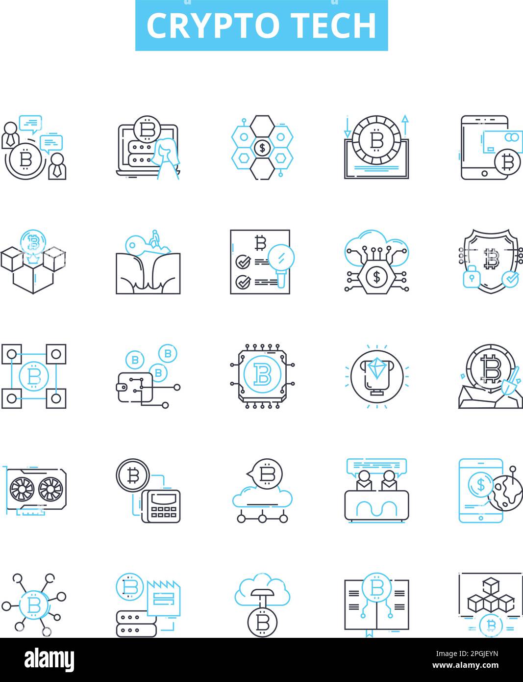 Symbole für Kryptotechnik-Vektorlinien gesetzt. Kryptowährung, Blockchain, Bergbau, Sicherheit, Handel, Austausch, Algorithmusdarstellung umreißt Konzeptsymbole und Stock Vektor