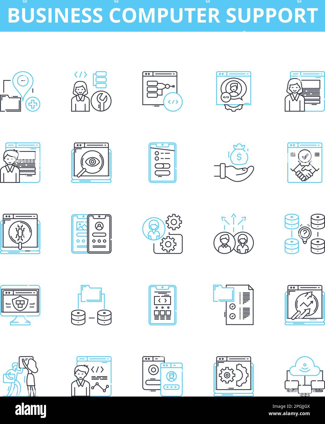 Vektorliniensymbole für Business-Computer werden eingestellt. IT, Support, Business, Computer, Technik, Netzwerk, Beratung Darstellung der Konzeptsymbole Stock Vektor