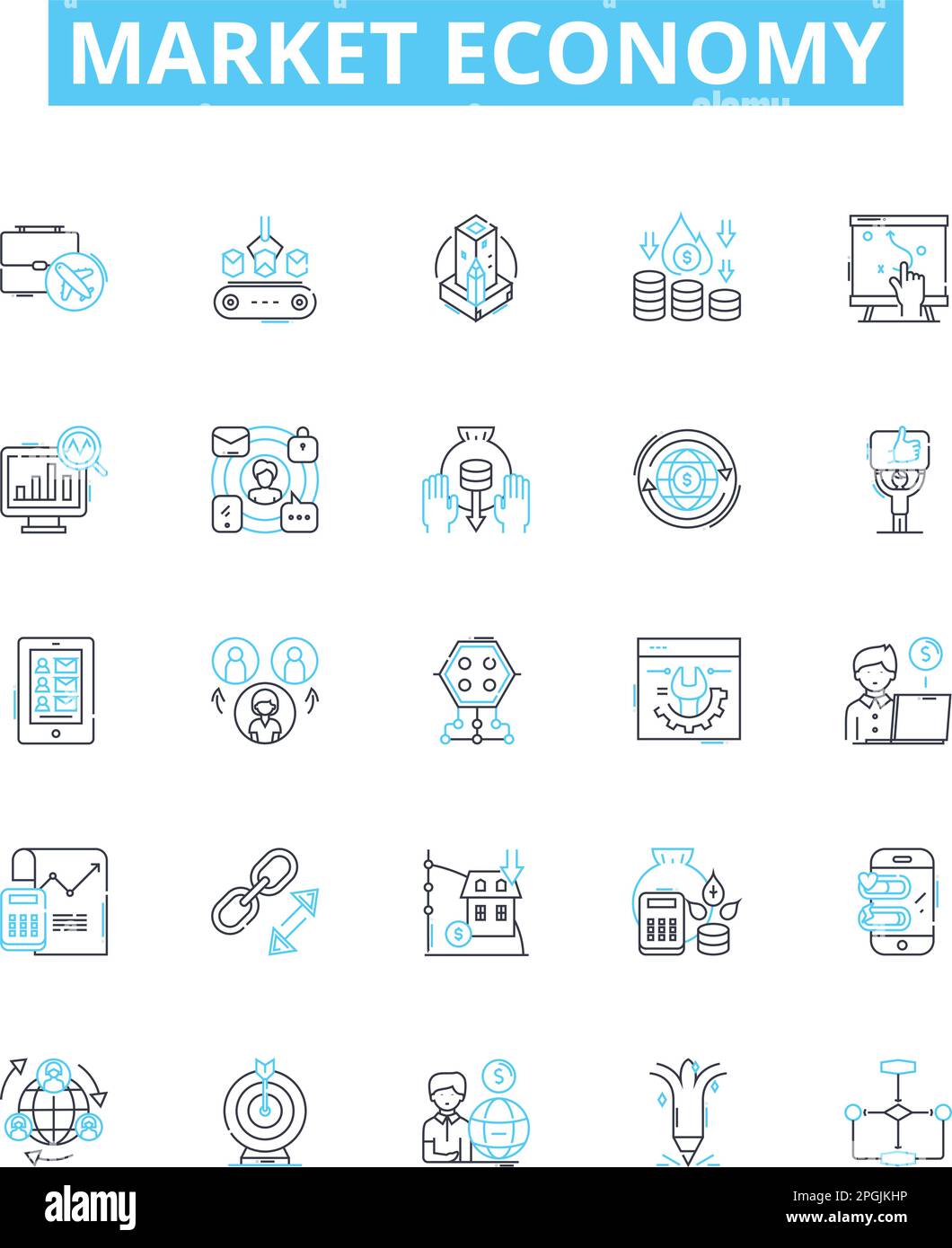 Symbole für Vektorlinien für Marktwirtschaft festgelegt. Markt, Wirtschaft, Kapitalismus, Angebot, Nachfrage, Darstellung von Konzepten und Schildern in Form von Börsen und Gewinnbeispielen Stock Vektor