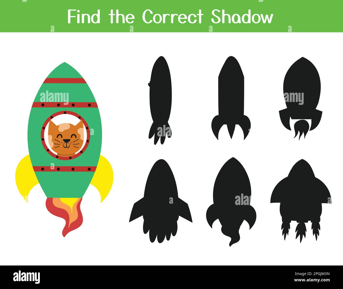 Finde das richtige Schattenspiel mit der süßen Katze in einer Rakete. Aktivitätenseite für Kinder Stock Vektor