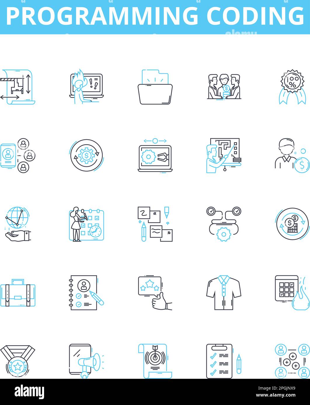 Programmieren der Codierung der Vektorliniensymbole eingestellt. Programmierung, Programmierung, Skripterstellung, Programmiersprache, Programmierkenntnisse, Codierungsalgorithmen, Codierungsstruktur Stock Vektor
