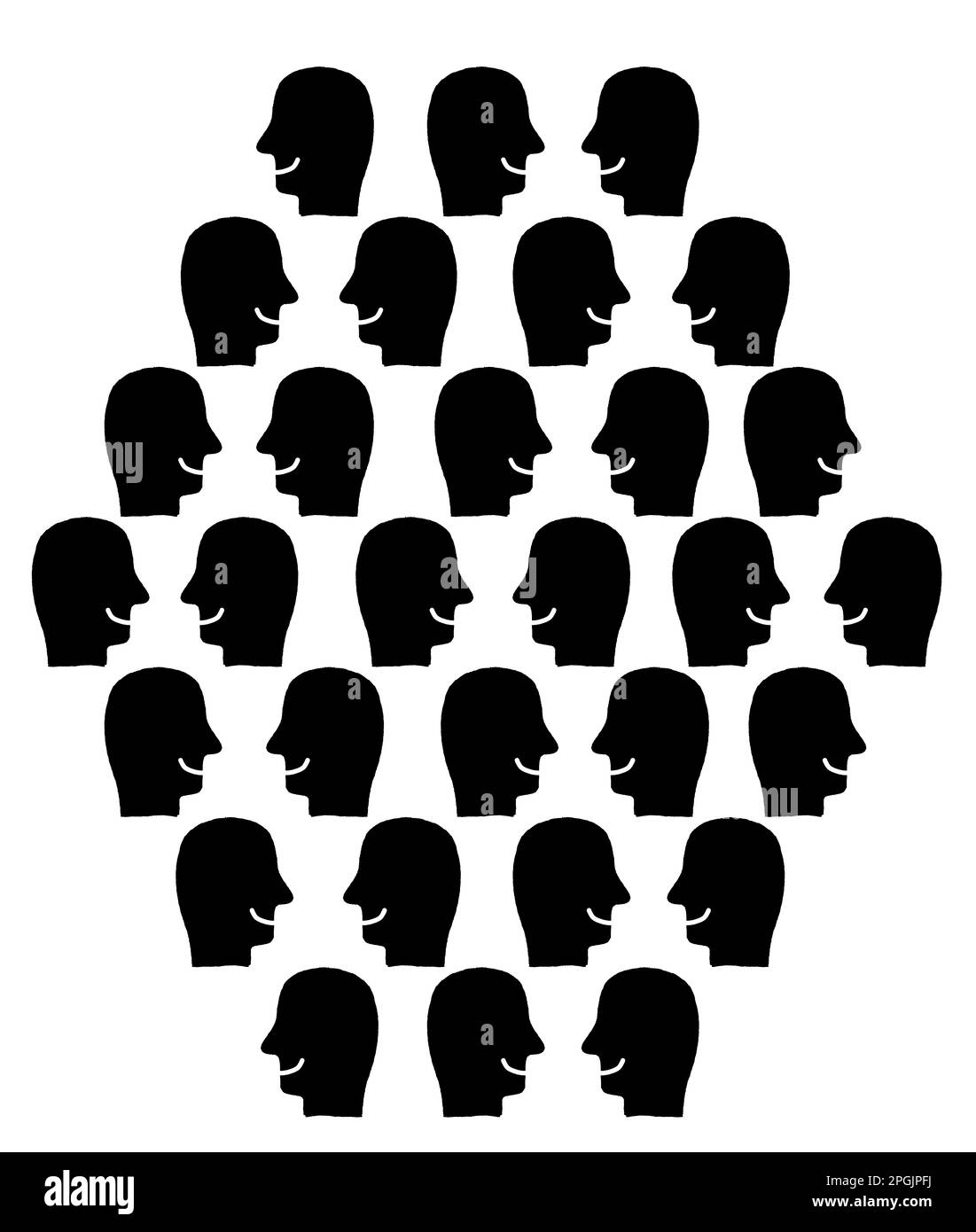 Schwarz-Weiß-Illustration von fröhlichen, plaudernden Menschen, die Seligmans Theorie illustriert, dass glückliche Menschen immer gesprächig sind Stockfoto