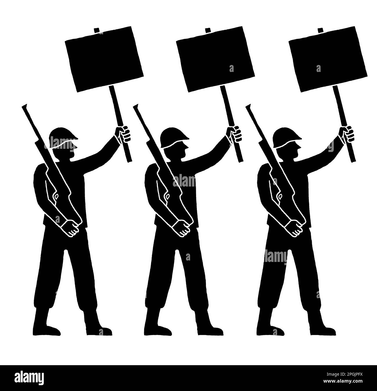 Schwarz-Weiß-Darstellung von bewaffneten Männern, die Plakate hochhalten Stockfoto