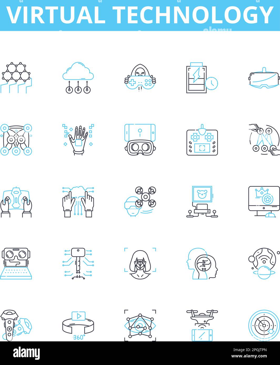 Vektorliniensymbole für virtuelle Technologie festgelegt. Virtuell, Technologie, Cloud, Automatisierung, Erweitert, Netzwerkbetrieb, Simulation Gliederungskonzept Stock Vektor