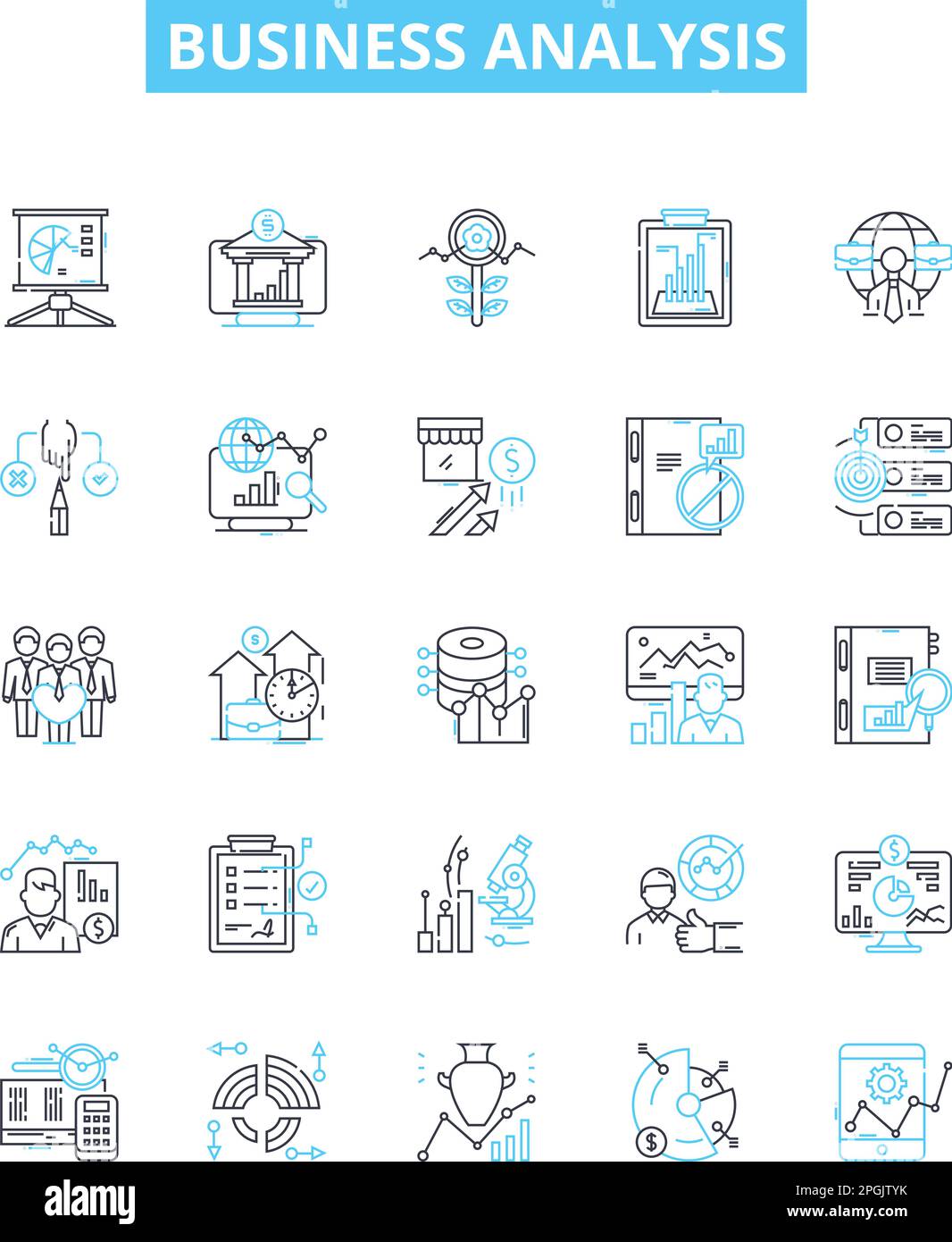 Symbole für Vektorlinien der Geschäftsanalyse festgelegt. Business, Analyse, Strategie, Prozess, System, Risiko, Marktdarstellung, Konzeptsymbole und -Zeichen Stock Vektor