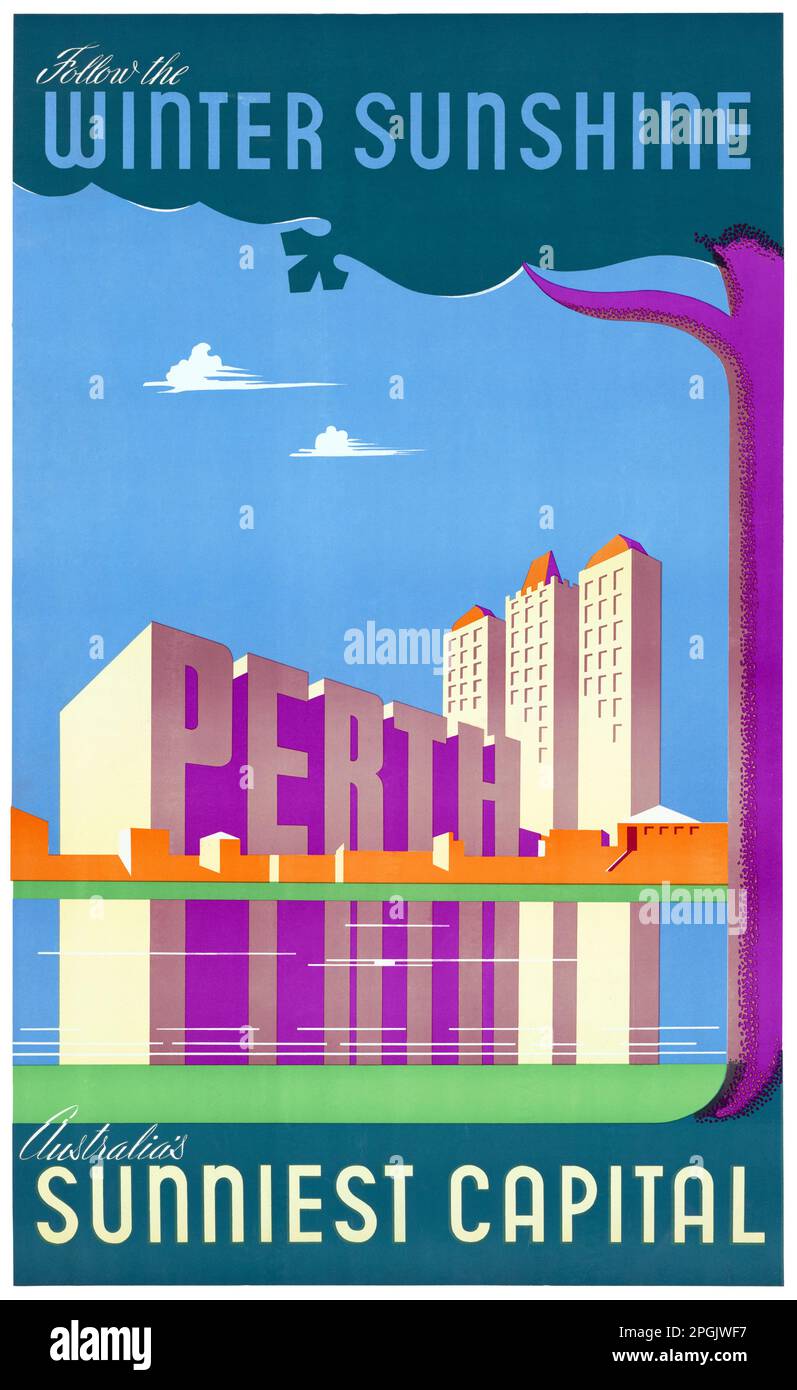 Folge der Wintersonne. Perth. Australiens sonnigste Hauptstadt. Künstler unbekannt. Poster veröffentlicht 1950. Stockfoto
