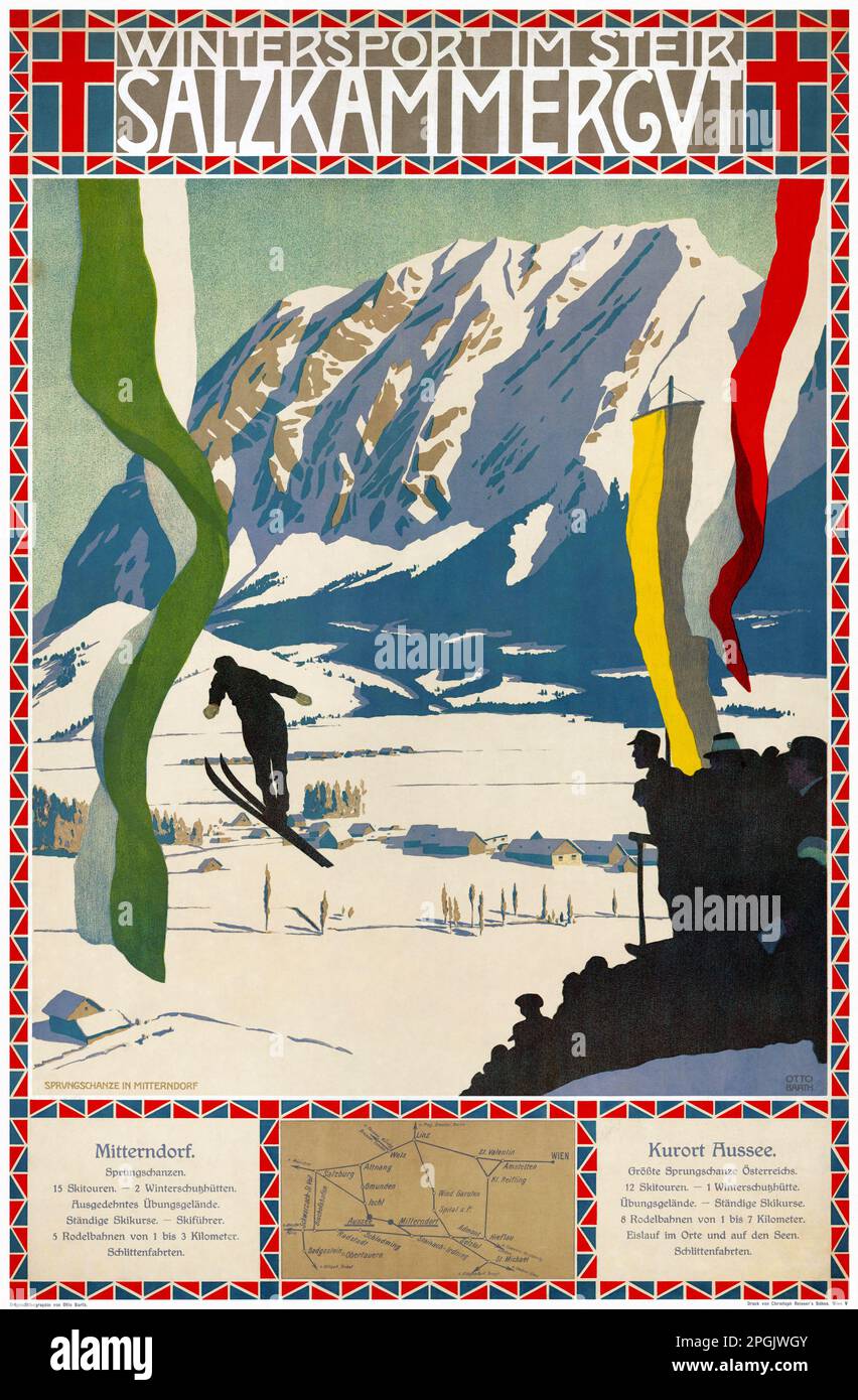 Wintersport im Steir. Salzkammergut von Otto Barth (1876-1916). Poster 1915 in Österreich veröffentlicht. Stockfoto